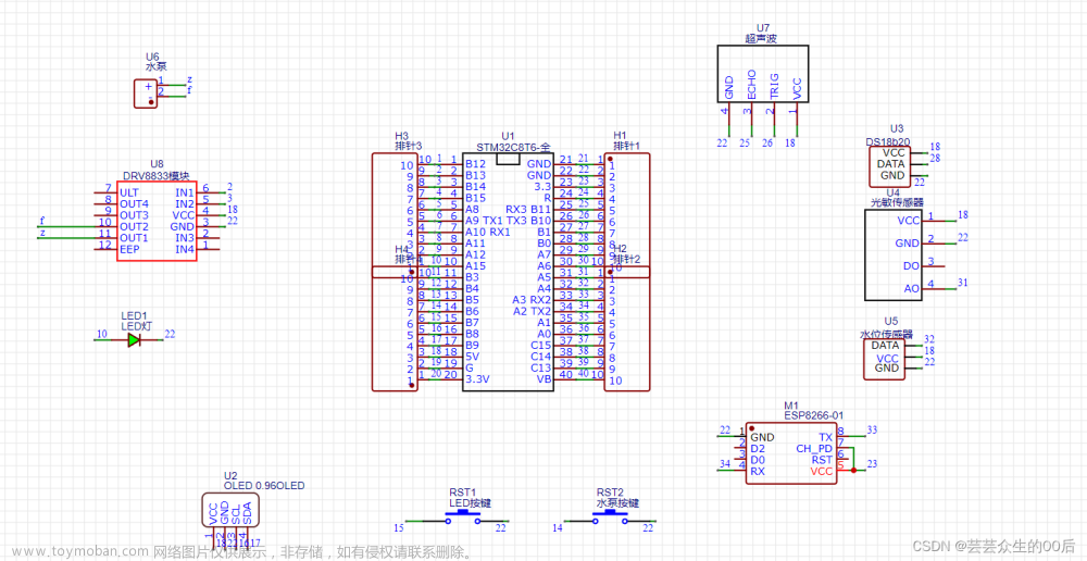 单片机设计:stm32远程水位检测灌溉系统(水泵+电机驱动+OLED显示屏+水位传感器+防水式ds18b20+光敏传感器+按键+WiFi+手机app)