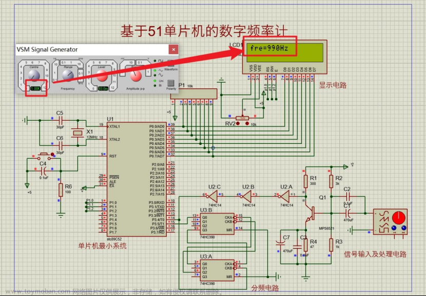 基于51单片机数字频率计仿真设计（proteus仿真+程序+原理图+参考报告+器件清单）