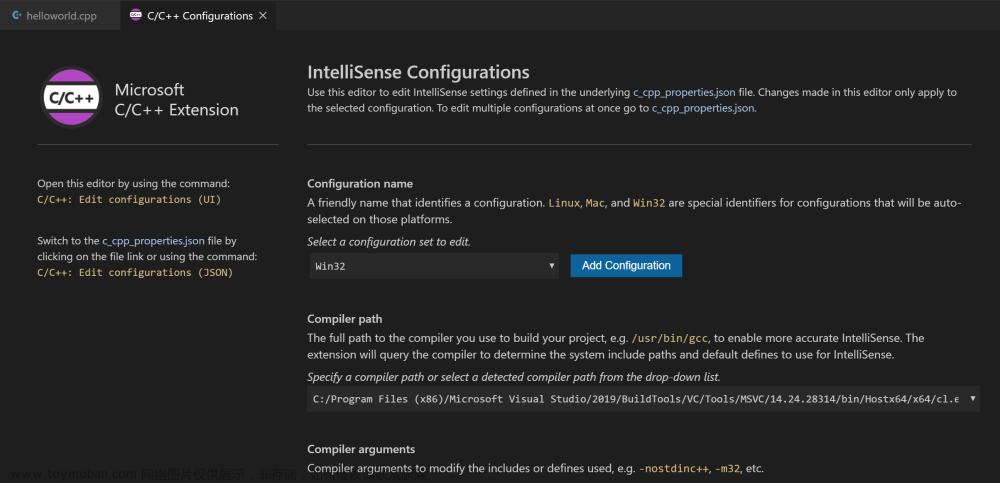 为 Microsoft C++ 配置 VS Code在本教程中，您将配置 Visual Studio Code 以在 Windows 上使用 Microsoft Visual C++ 编译器和调试器