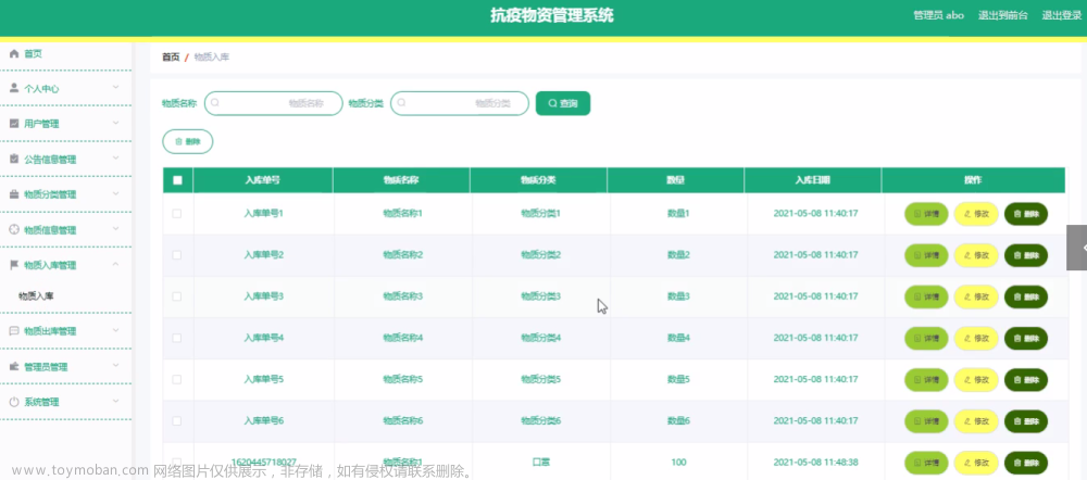 基于Java+SpringBoot+vue前后端分离抗疫物资管理系统设计实现,Java毕业设计实战案例,java,spring boot,vue.js,抗疫物资管理系统