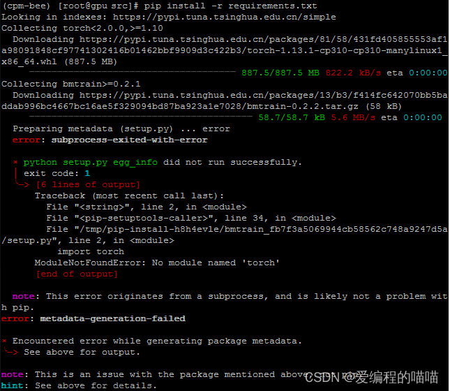 pip install安装CPM-Bee出现ModuleNotFoundError: No module named ‘torch‘的解决方案