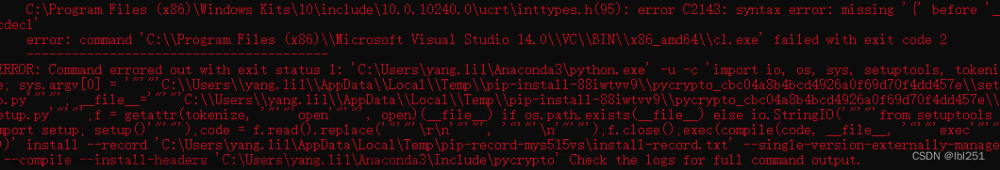 pip install pycrypto 报错 error: command ‘C:\\Program Files (x86)\\Microsoft Visual Studio 14.0\\VC\\