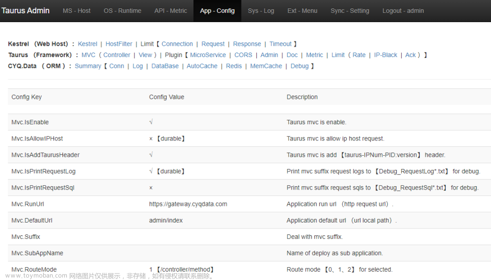 Taurus .Net Core 微服务开源框架：Admin 插件【4-2】 - 配置管理-Mvc【含请求日志打印】