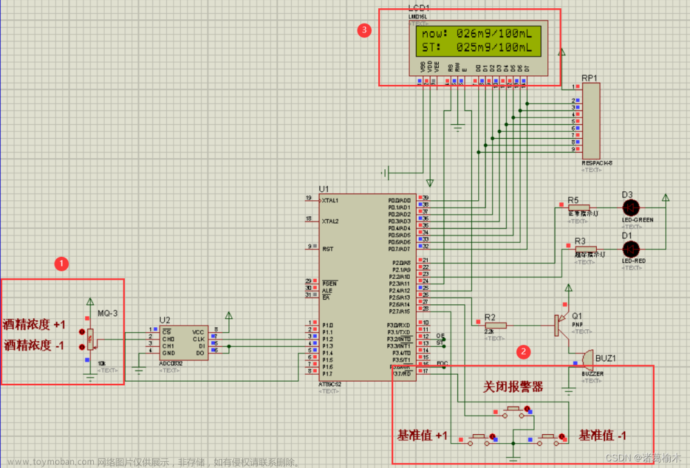 基于51单片机 + MQ-3酒精传感器 + ADC0832模数转换器 + LCD1602液晶显示器的酒精检测系统