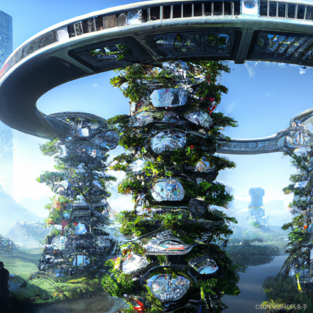 AI绘画调用OpenAI-api接口【人工智能里的未来之城】:4 座未来派塔楼，天桥上覆盖着茂密的树叶，数字艺术