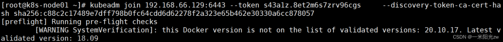 加入k8s集群报错this Docker version is not on the list of validated versions: 20.10.17. Latest validated...