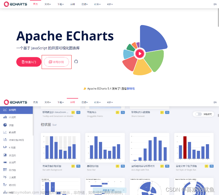 在vue项目使用数据可视化 echarts ，柱状图、折线图、饼状图使用示例详解及属性详解