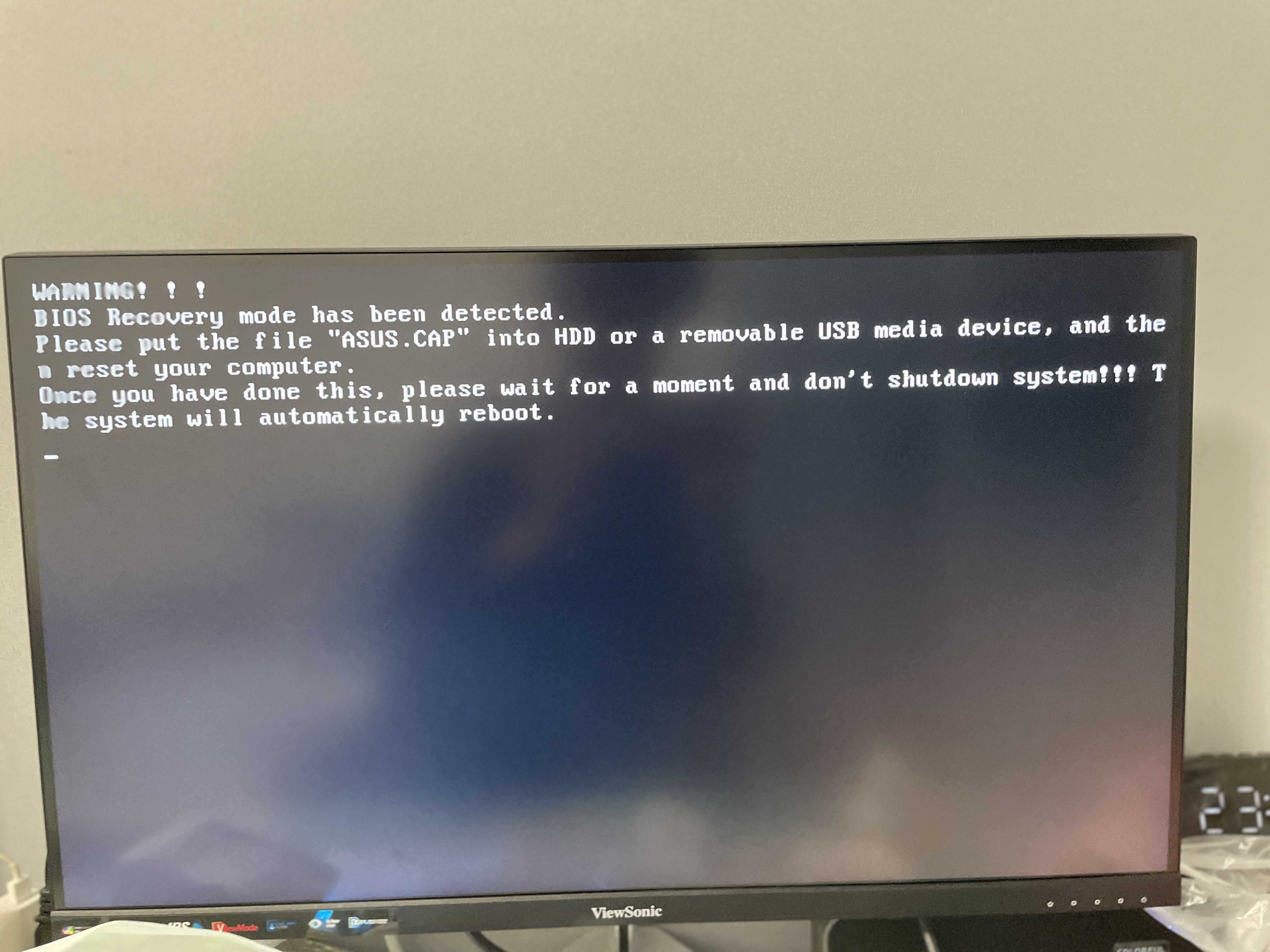 WARMING! ! ! BIOS Recovery mode has been detected. Please put the file “ASUS. CAp“ into HDD or a rem