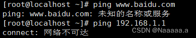 linux中ping命令网络不可达或ping www.baidu.com未知的名称与服务