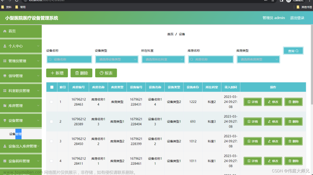 小型医院医疗设备管理系统|基于springboot小型医院医疗设备管理系统设计与实现(源码+数据库+文档),计算机毕业设计项目,spring boot,后端,小型医疗设备管理系统,java,代码,论文,毕设答疑