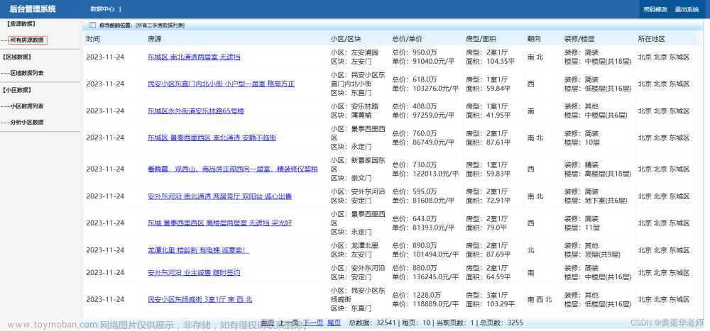 Python北京二手房源爬虫数据可视化分析大屏全屏系统